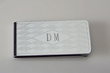 Custom Engraved Personalized Money Clip Chrome Plated with Diamond Pattern - Hand Engraved