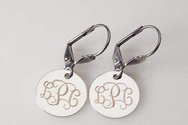 Monogram Earrings Custom Engraved Silver Plated Round Lever Back Personalized Jewelry - Hand Engraved