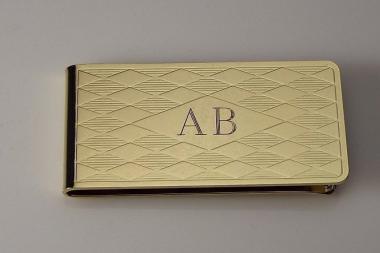 Custom Engraved Personalized Money Clip Gold Plated Diamond Pattern  - Hand Engraved