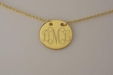 Monogram Necklace 14K Yellow Gold Plated Custom Engraved Personalized 7/8 Inch Round Disc with Adjustable Length Chain - Hand Engraved