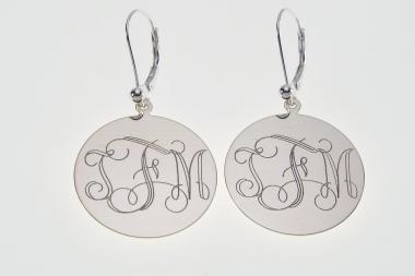 Engraved Monogram Earrings Personalized Sterling Silver One Inch Round Lever Back - Hand Engraved