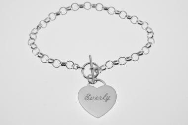 Personalized Bracelet Custom Engraved Sterling Silver Heart Charm Bracelet - Hand Engraved