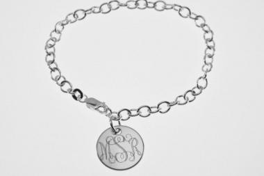 Custom Engraved Monogram or Initial Bracelet Personalized Sterling Silver Petite Round Disc 8 Inch Length  - Hand Engraved