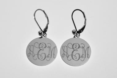 Engraved Monogram Earrings Personalized Sterling Silver 11/16 Inch Disc Choose Lever Back or Wires - Hand Engraved