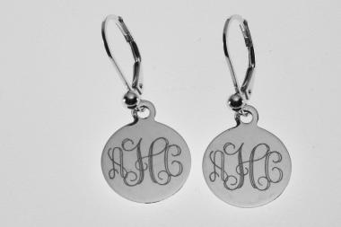 Custom Engraved Monogram Earrings Personalized Small 1/2 Inch Sterling Silver Choose Lever Back or Wires  - Hand Engraved