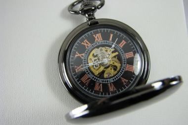 Pocket Watch Custom Engraved Personalized Gloss Black Mechanical Wind Up Watch with Skeleton Dial - Hand Engraved