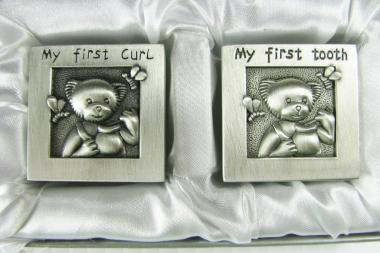 Baby Gift Custom Engraved Personalized Pewter Finish First Tooth and First Curl Keepsake Boxes  -  Hand Engraved